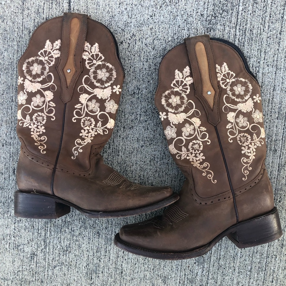 Joe Boots by Arles Women's Brown Suede Embroidered Floral Stirrup Boots Sz 7